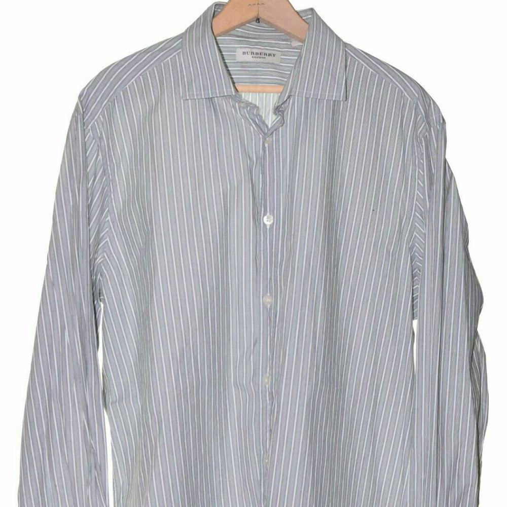 BURBERRY LONDON Size 17.5 Grey White Stripe Shit
